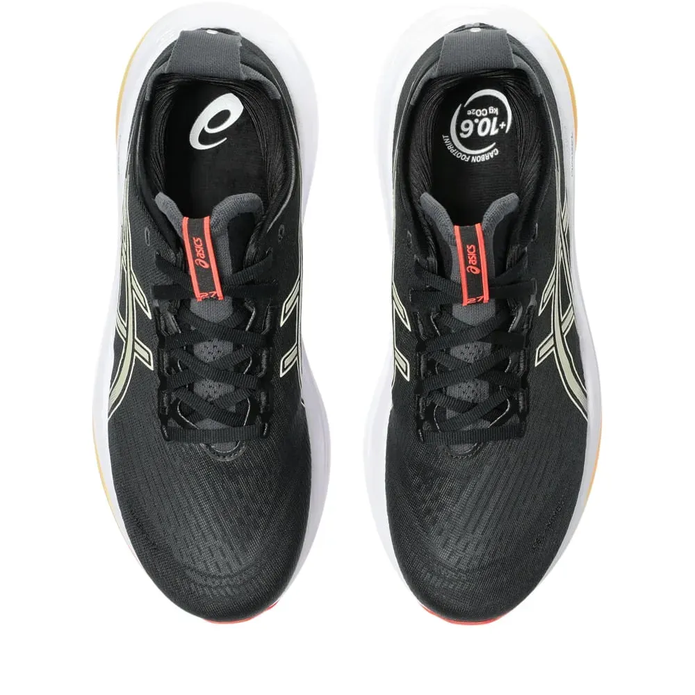 Tênis Asics Gel Nimbus 27 masculino preto visto por trás com destaque para tecnologia PureGEL